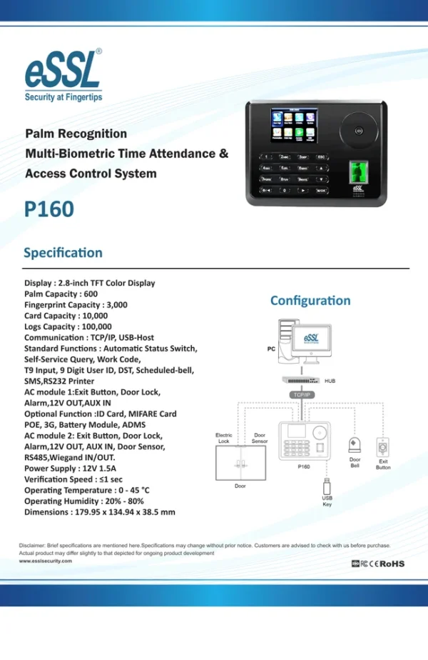 eSSL P-160 Palm Pass Biometric Machine - Advanced Face & Palm Recognition System | AdiSecureTech - Image 2
