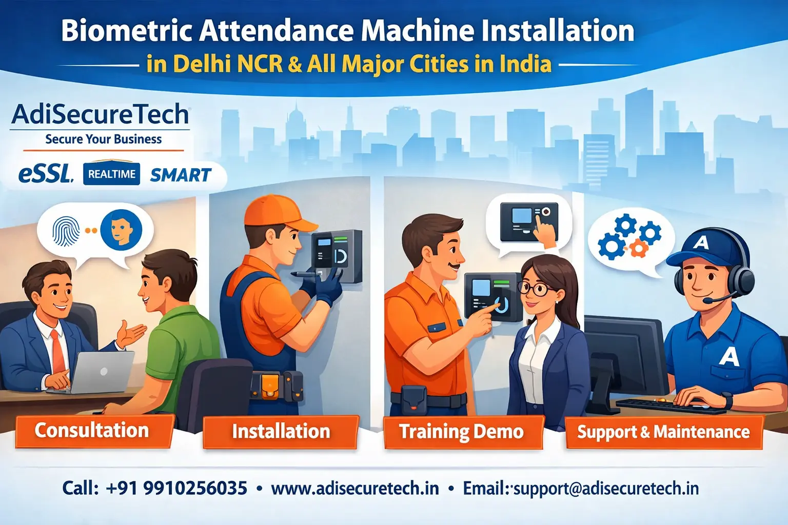 Biometric attendance machine installation in Delhi NCR by AdiSecureTech with consultation, installation, training and support workflow